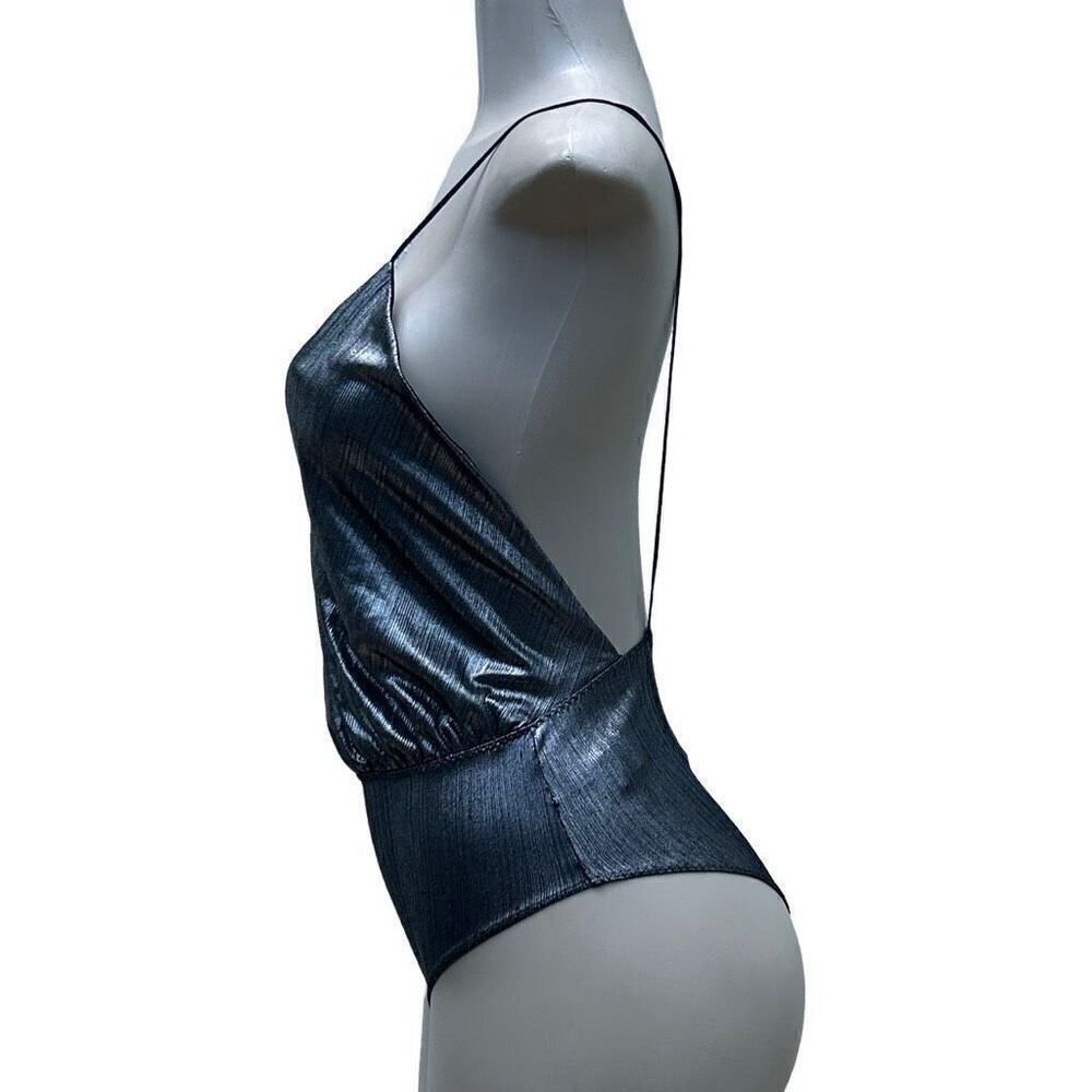 Zara Silver Metallic Tank Bodysuit  Women's 6 Plunging Neck Open Back Spaghetti - Picture 5 of 10